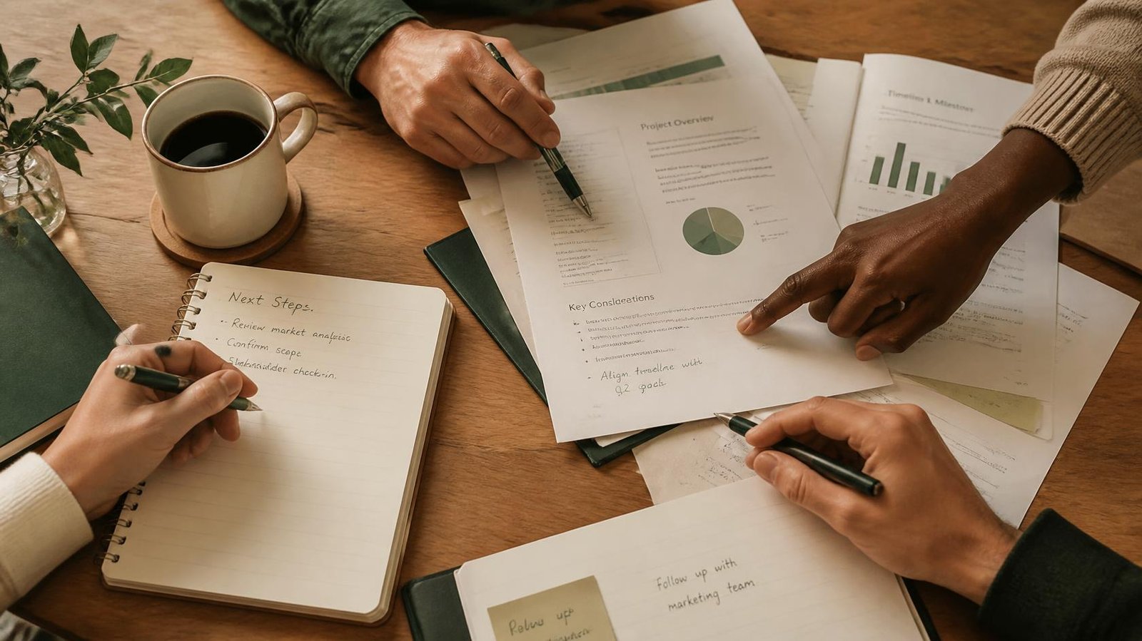 Varias manos de profesionales alrededor de una mesa con documentos, notas y café, trabajando de forma coordinada sobre un mismo caso