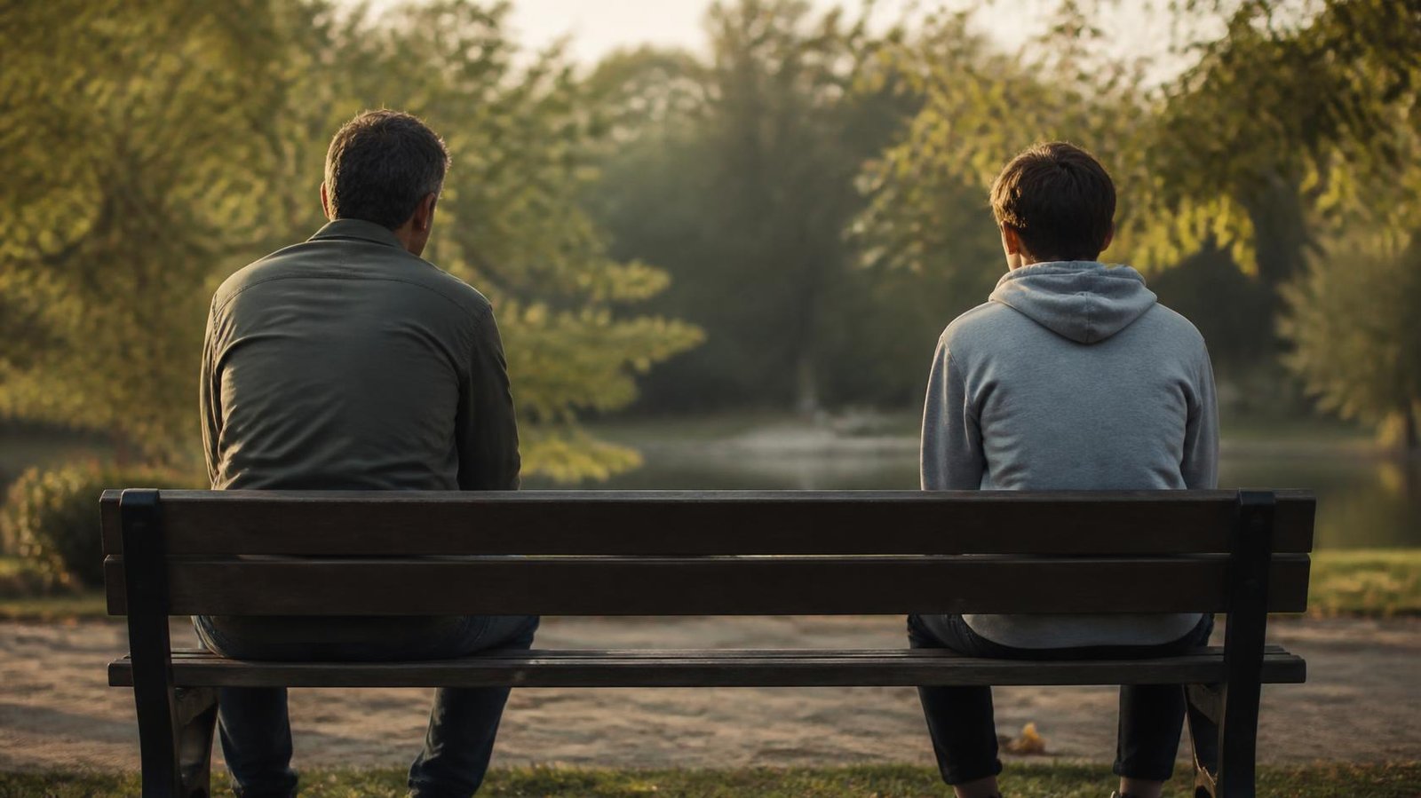 Padre e hijo sentados en un banco de espaldas, con espacio entre ellos, luz de atardecer en un parque