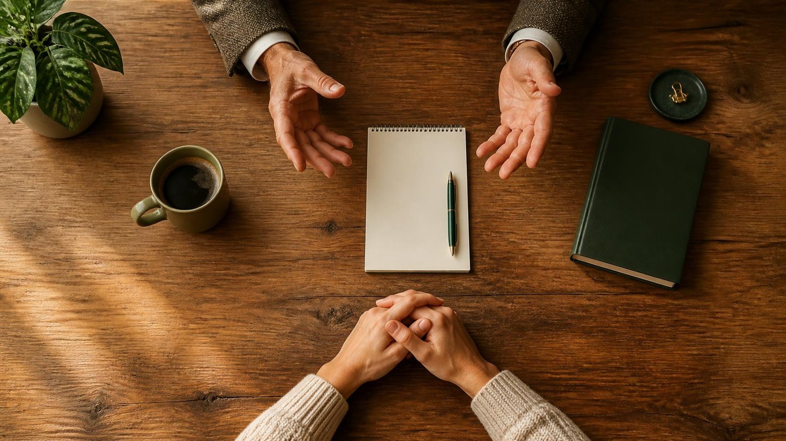 Dos pares de manos frente a frente sobre una mesa de madera con un cuaderno y café, gesto de conversación profesional