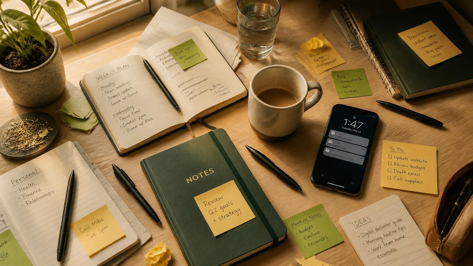 Escritorio desordenado con libretas abiertas, notas adhesivas, café a medio beber y móvil con notificaciones, visto desde arriba